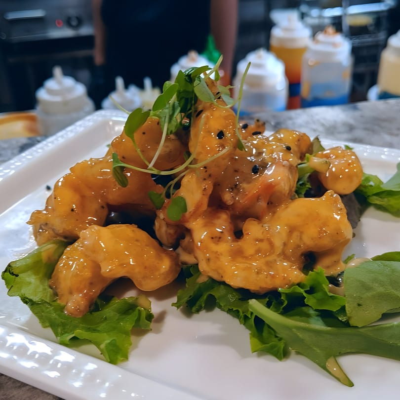 Itto Ramen Bar Tapas' Bang Bang Shrimp, golden fried shrimp coated in a creamy sauce, garnished with microgreens.